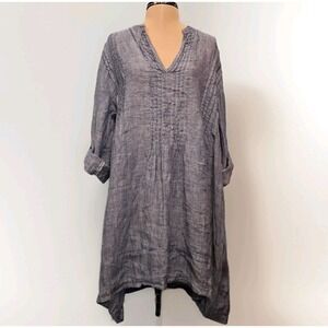 CP Shades Womens L Minimalist Pin Tuck Roll Tab Sleeve Linen Tunic Shirt Dress